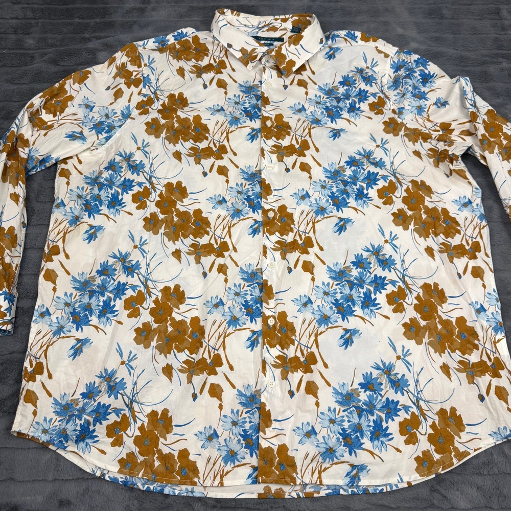 Perry Ellis Mens 4X Floral Print Stretch Button Down Shirt Blue Brown White 4XL